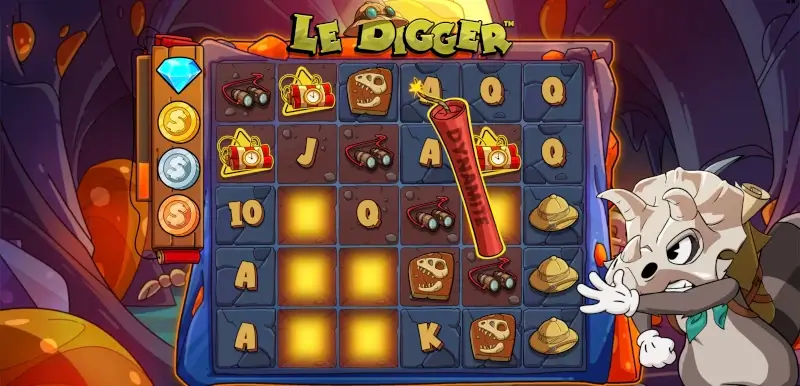 Dig It slot gameplay showing coin values and progressive bar