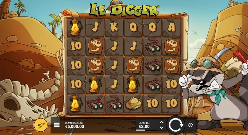 Le Digger base game interface with 6x5 grid and spin settings