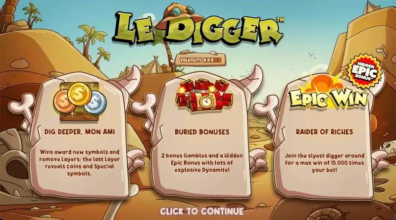 Le Digger slot promo screen showing Layers, Dynamite bonuses and Epic Win feature